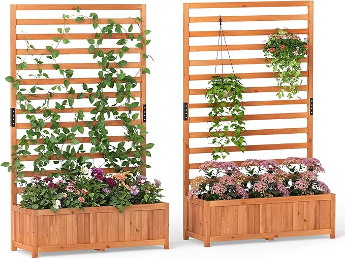 BECOMFORT 59”H Raised Garden Bed with Trellis Tall Fir Wood Planter Box with Liner &amp Drainage Gaps for Climbing Plants Vegetables &amp Flowers Outdoor Privacy Planters for Patio Balcony Yard