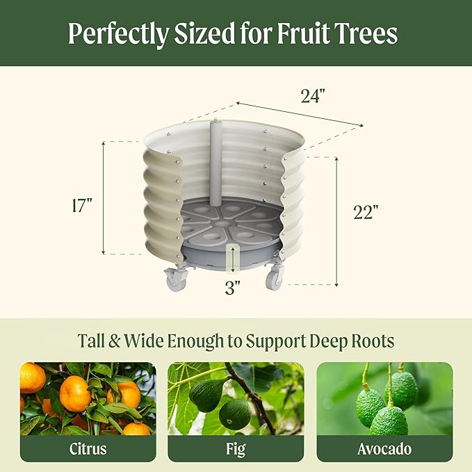 Rolling Metal Citrus Tree Planter Self-Watering Round Large Pot for Growing Trees Tomatoes Vegetables and Flowers Raised Garden Bed with Wheels for Porch Patio &amp Backyard Single Pack-Modern Gra