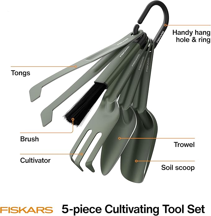 Fiskars 5-Piece Cultivating Tool Set Nesting Trowel Soil Scoop Cultivator Tongs &amp Brush for Indoor Gardening Stainless Steel with Powder Coat Finish Space Saving Design Black