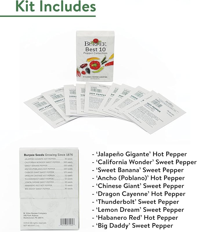 Burpee Best Collection | 10 Packets of Non-GMO Fresh Mix of Hot Pepper &amp Sweet Varieties | Jalapeno Bell Pepper Seeds &amp More Seeds for Planting