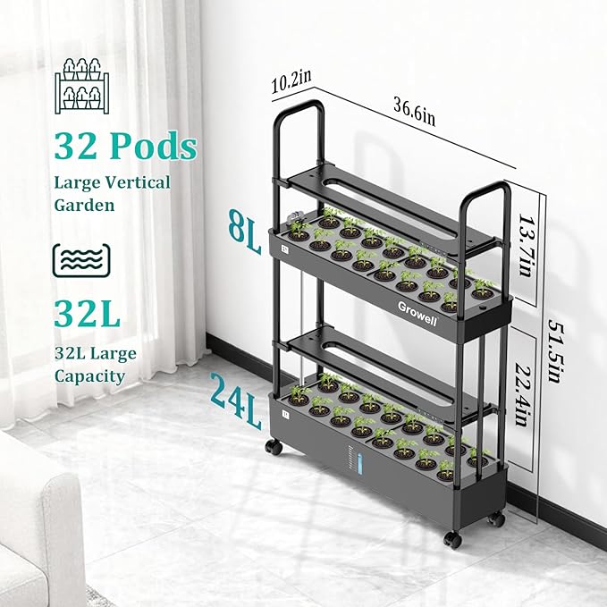 Large Basket Hydroponics Growing System Kit 32 Pods Vertical Hydroponic Garden with 2 Grow Light Modes Auto Circulating Water System 32L Indoor Gardening System for Herb Vegetable Fruit