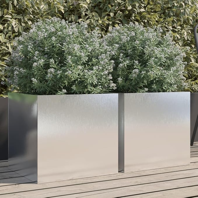 Set of 2 Silver Rectangular Stainless Steel Planters Large Outdoor Containers 15.7 x 16.5 x 15.4 in for Garden Patio Living Room and Balcony