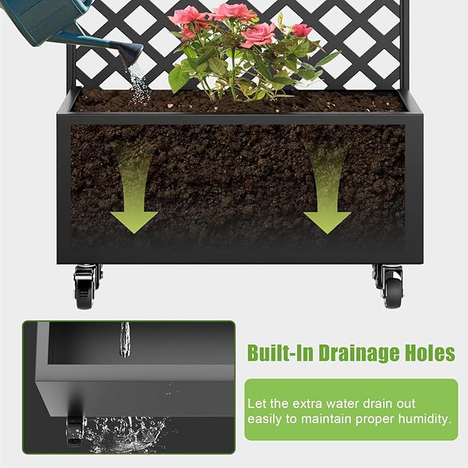 72 Metal Planter Box with Trellis Tall Outdoor Planter Box Raised Garden Bed on Wheels for Climbing Plants Outdoor Flower Planter with Drainage &amp Lockable Casters