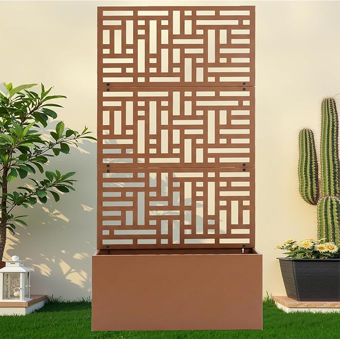 Metal Planter Box with Trellis70 Outdoor Raised Garden BedPrivacy Planters for Patio GardenPlanter Box with Drainage Holes for Climbing Plants (Brown)