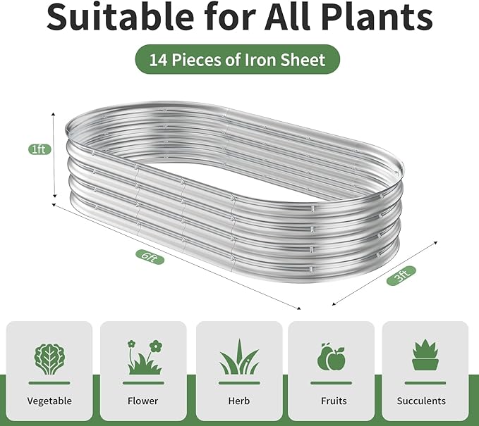 Metal Oval Raised Garden Beds(Silver) 6 × 3 × 1ft Galvanized Raised Garden Bed Kit Outdoor with Safety Edging Large Raised Planter Boxes for Gardening Vegetables and Flowers