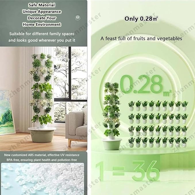 Compact Vertical Hydroponics Tower for Indoor Vegetable Gardening 5/7/9 Layer Smart Planter Kit with LED Grow Lights Water Pump BP-A-Free ABS Material(20Holes+LED)