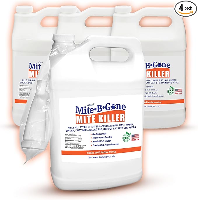 Mite Killer Treatment Spray Pack by Mite-B-Gone - Naturally Kills All Types of Mites Human Dust Spider Rat Carpet &amp Bird Mites | Family &amp Pet Friendly | 1 Gal 4-Pack