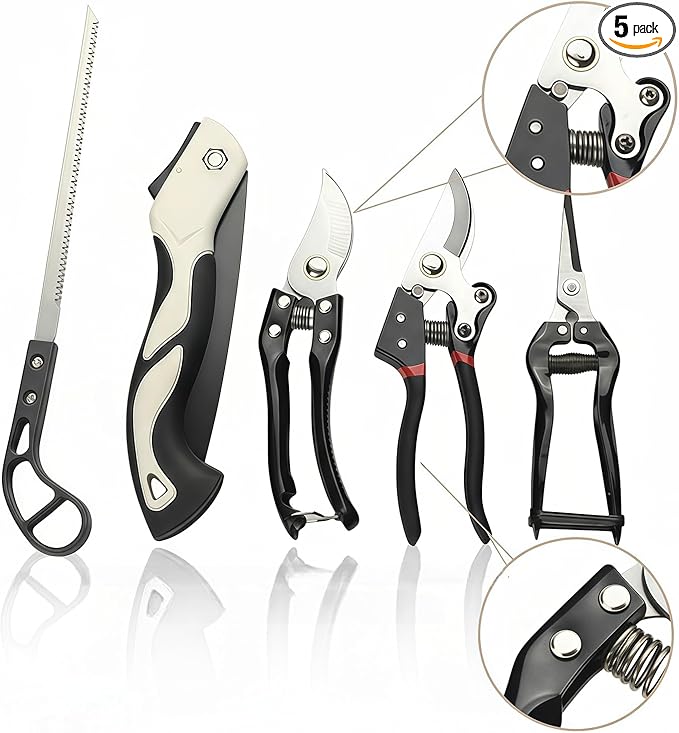5-Piece Gardening Tool Set with 3 Pruning Shears &amp 2 Folding Saws Professional Stainless Steel Blades for Tree Trimming Branch Cutting Bonsai Care Camping (Gift Ready)