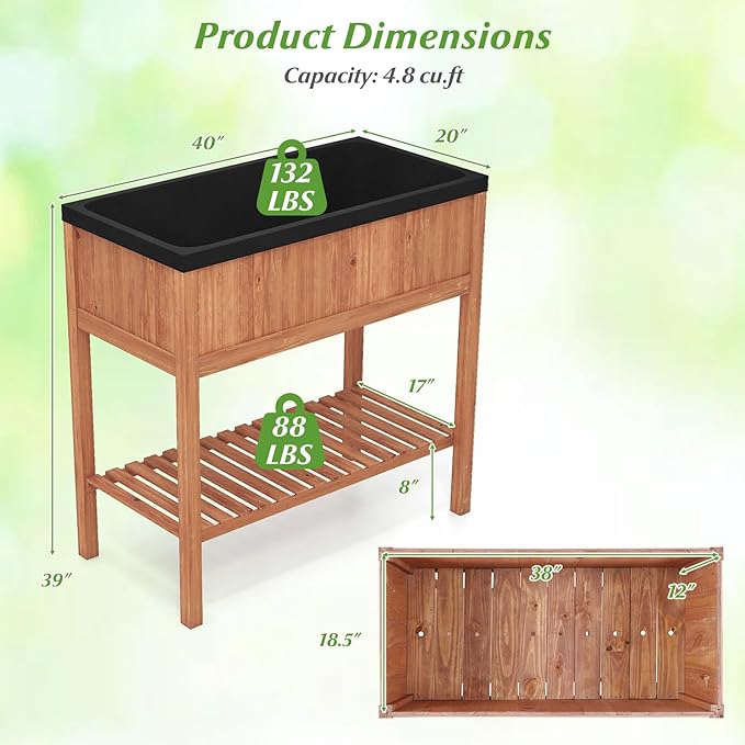 2-Tier Wooden Raised Garden Bed Elevated Planter Bed with Legs Liner &amp Storage Shelf for Vegetable Flower &amp Herb Outdoor Gardening Box for Backyard Patio Balcony 220 LBS Capacity