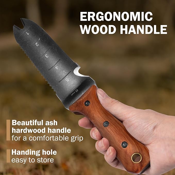 Hori Hori Garden Knife Garden Tools with Sheath for WeedingPlantingDigging 7 Stainless Steel Blade with Cutting Edge Rosewood Handle with Hanging Hole