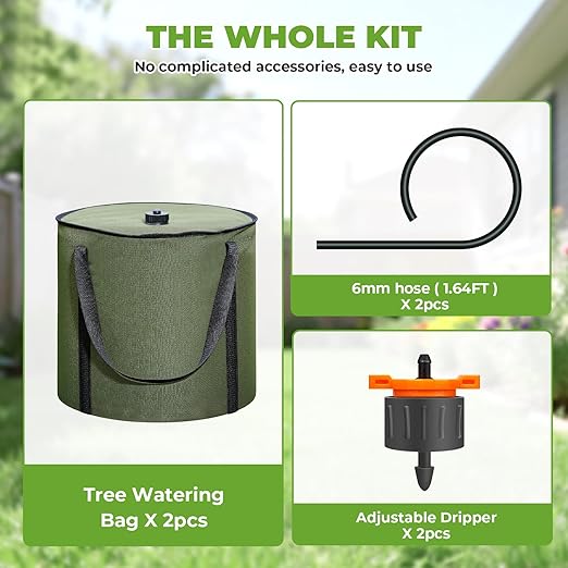 HIRALIY 15 Gallon Cylindrical Tree Watering Bag 2 Pack Slow Release 1-5 Days Deep Root &amp Automatic Drip Irrigation System for Multi-Trunk Newly Planted Small Trees and Shrubs