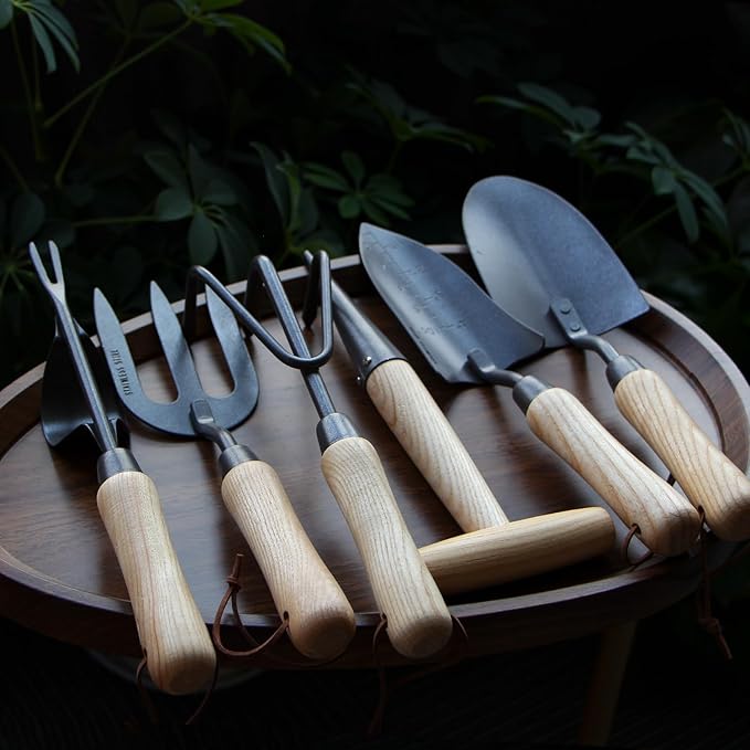 Japanese Gardening Tools Set 6 Pcs Garden Tools Set Black Painted Stainless Steel Heavy Duty Gardening Tools Kit Hand Trowel Dibble Hand Rake Weeder Transplanter and Hand Folk…
