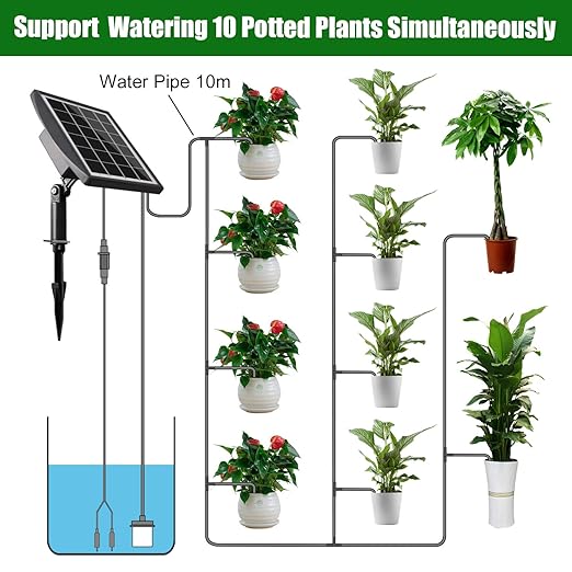 Solar Automatic Drip Irrigation Kit System JIYANG Solar Powered Auto Easy DIY Watering Device Supported Pots Plants 6 Timing Modes with Anti-Siphoning Device (Supported 10 Pots 6Timing Modes)