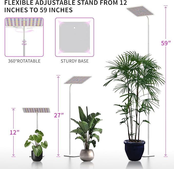 BESTVA 36W Grow Lights with Stand Full Spectrum LED Plant Light 12-59 Inch Height Adjustable Growing Lamp with Auto On/Off Timer 4H/8H/12H 4 Dimmable Brightness