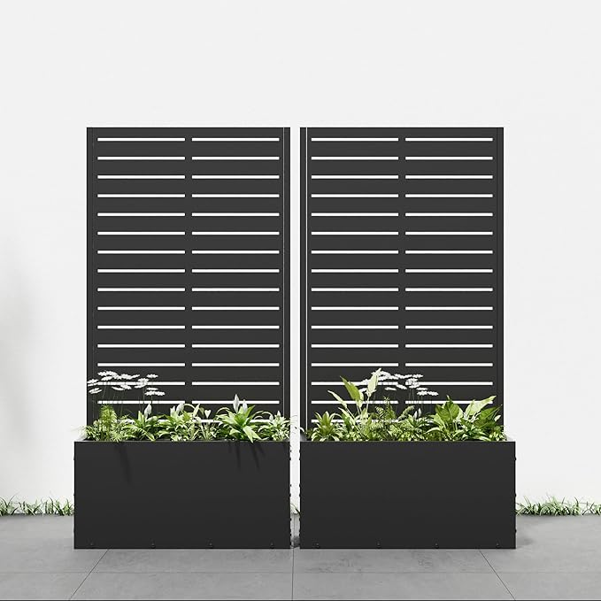 Casaphoria 47x24 Metal Raised Garden Bed with Trellis(2 Pack) Outdoor Planter Box with Wheels &amp Drainage Holes for Climbing Plants Flowers Elevated Garden Kit with Privacy Screen Black-Louve