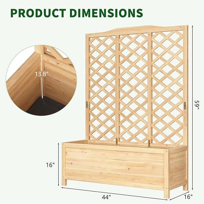 Wooden Raised Garden Bed with Trellis Freestanding Planter Box with Drainage for Vines Climbing Plants Flowers Herbs Elevated Gardening Planter for Backyard Balcony Patio