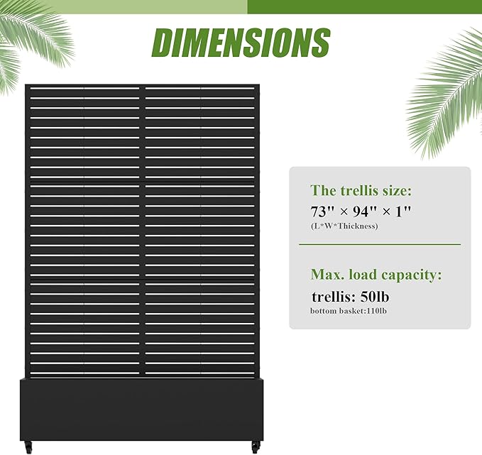 Casaphoria Metal Raised Garden Bed with Trellis and Wheels 72x47x16 Planter Box for Climbing Plants Vegetables &amp Vines Features Drainage Holes and Privacy Screen (Black-Louvered)