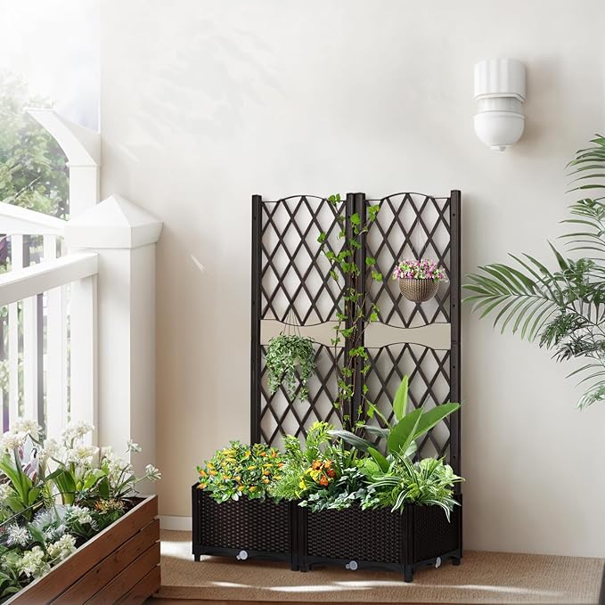 Planter Box with Trellis Plastic Raised Garden Beds and Lattice Trellis with Drain Plug for Outdoor Patio Backyard Balcony