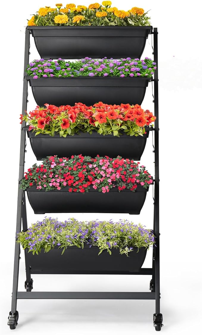 Raised Garden Bed 5 Tier Vertical Garden Planters Indoor Outdoor Raised Planter Box with Wheels Elevated Herb Garden Planter for Flowers Vegetables Plants Black