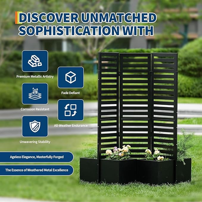 Freestanding Privacy Screen with Planter Box 3-Panel Garden Metal Fence 51x70x31 Inch Tall Outdoor Divider with 4 Self-Draining Raised Garden Beds for Patio Deck Backyard