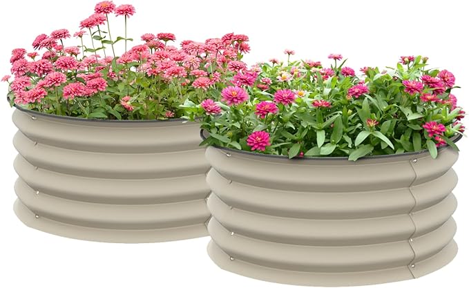 Galvanized Steel Raised Garden Beds - Set of 2 with Safety Edge for Growing Flowers Herbs &amp Vegetables Waterproof Cream White Planters