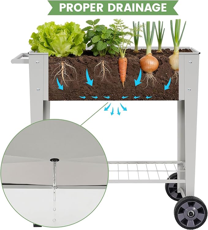 Tall Raised Garden Bed Outdoor with Wheels Metal Elevated Raised Planter Box with Drainage Holes for Vegetables Flower Herbs(Grey)
