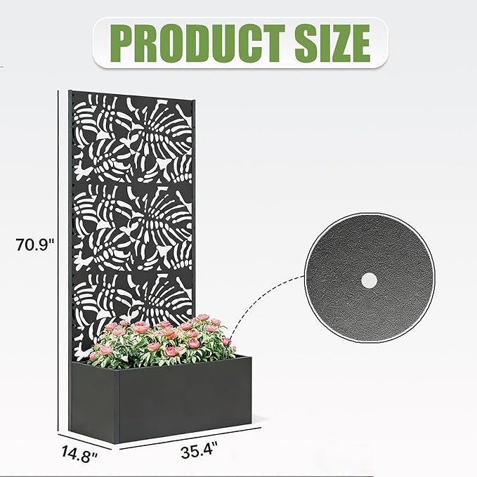 47 Metal Planter Box with Trellis on Wheels Galvanized Steel Raised Garden Bed Privacy Screen 71 Tall Mobile Vertical Garden Planter for Patio Deep Root Outdoor Climbing Plant Support Black