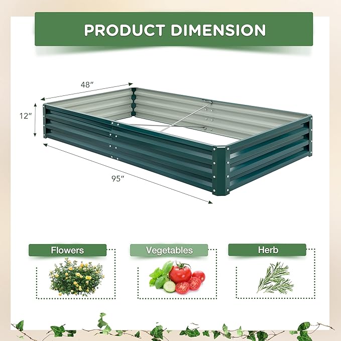 Devoko Galvanized Raised Garden Beds Large Metal Planter Raised Beds with Middle Support Bar for Flower Vegetables Herb 8×4×1 FT