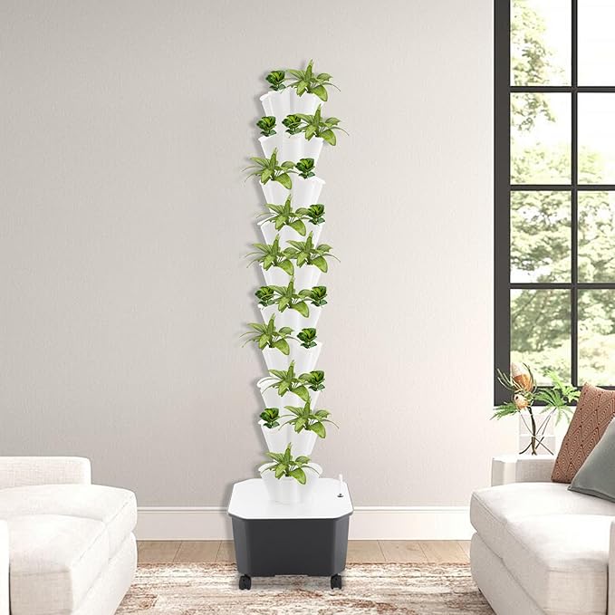 Hydroponic Growing Tower 10 Layered Hydroponic Planting Tower 50 Slots Vegetable Growth Hydroponics System 25L Water Tank Hydroponic Garden Tower for Vegetable Strawberries Lettuce