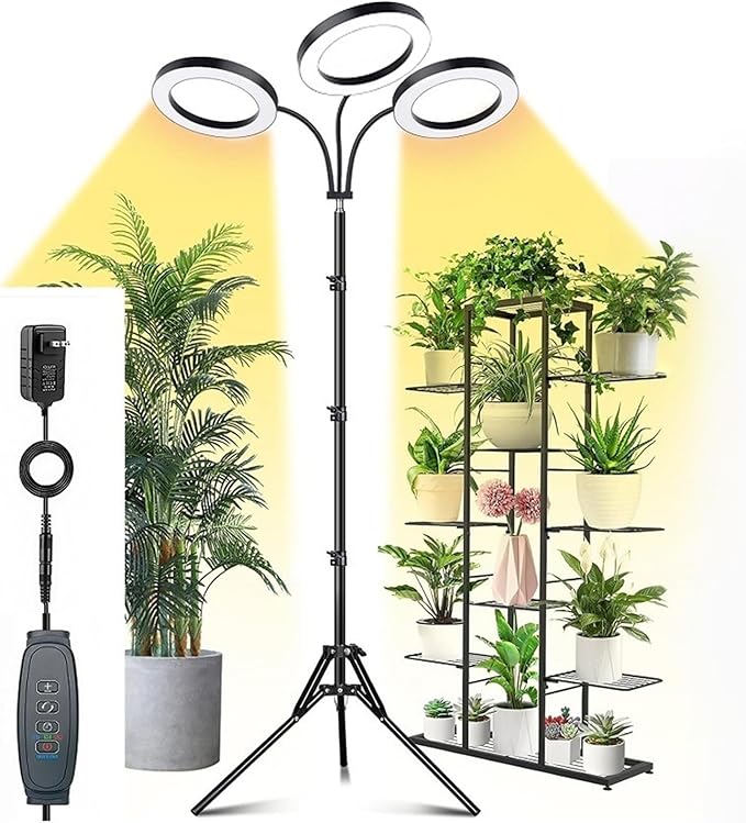 Focket Plant Grow Light 108 LEDs Height Adjustable Full Spectrum Grow Light for Indoor Plants Plant Growing Lamp with 3 9 12Hrs Auto Timer 6 Brightness &amp 10 Dimmable (US Plug 3 Heads 28W Use 3A
