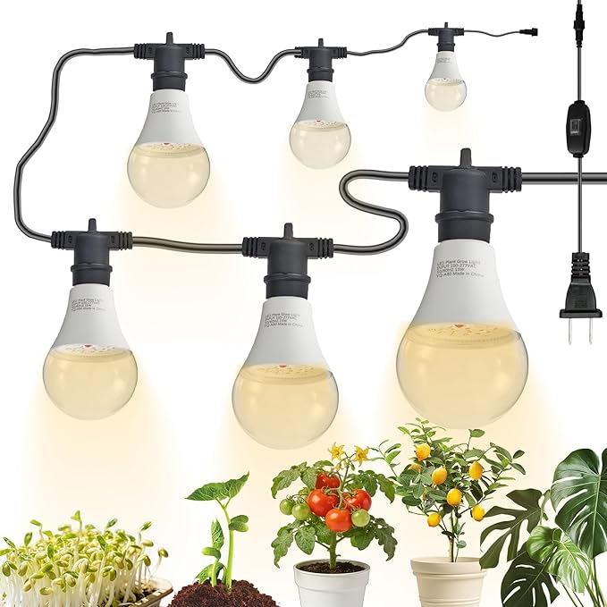 LED Grow Light Bulb A25 Bulb Full Spectrum Grow Light Bulb Plant Light Lamp Bulbs E26 Base 15W Grow Bulb 130W Equivalent Grow Light for Indoor Plants Seed Starting (6 Bulbs String (22FT))