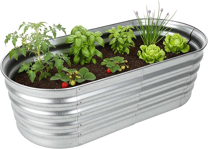 Relaxdays Raised Bed Galvanised Metal Flowers Plants &amp Vegetables H45 x W150 x D60 cm Oval Plant Bed Silver