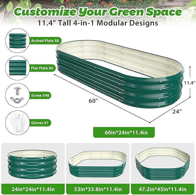 Oval Raised Garden Bed 5 x 2 x 1FT Galvanized Steel Planter Box with Wave-Shaped Metal Panels Painted for Outdoor FlowerTreeHerb &amp Vegetable Garden (Green 60X24X12 inches)