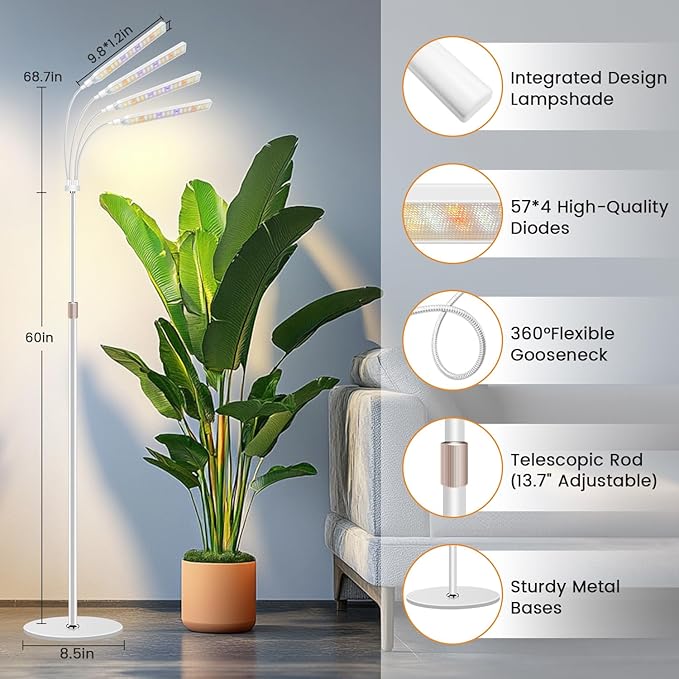 Grow Lights for Indoor Plants 4-Head Full Specturm Plant Grow Light with 4/8/12/16H Timer 3 Color Modes 5 Brightness 24-68.7in Height Adjustable Floor Growing Lamp for Tall Large Plants