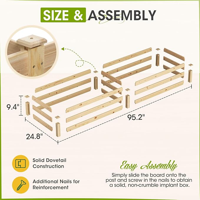 Crownland Outdoor Gardens 8ft Raised Garden Bed Wooden Garden Box Planter Box Kit for Planting Flowers Vegetables Fruits Natural