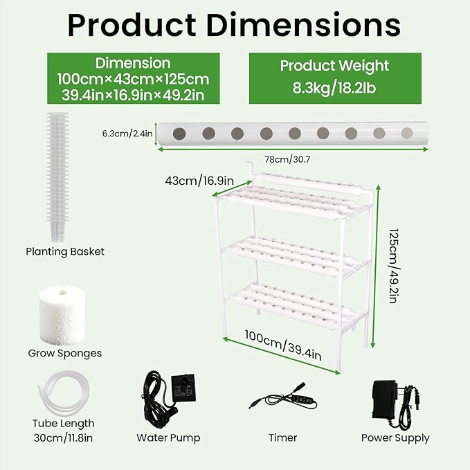 Upgraded Hydroponics Growing System90 Plant Sites 3 Layers 10 Food-Grade PVC-U Pipeshydroponics Growing System Kit Gardening Systems Grow Kits with Water Pump Timer nests Basket and Sponge