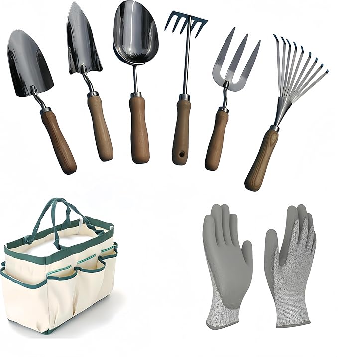 9 PCS Heavy-Duty Stainless Steel Garden Tools Set with Wood HandleGardening Set with Nylon BagPointed Shovel Graduated ShovelSoil Scoop3 Teeth Digging Fork5 Teeth rakeLeaf HarrowGarden Gloves