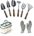 9 PCS Heavy-Duty Stainless Steel Garden Tools Set with Wood HandleGardening Set with Nylon BagPointed Shovel Graduated ShovelSoil Scoop3 Teeth Digging Fork5 Teeth rakeLeaf HarrowGarden Gloves