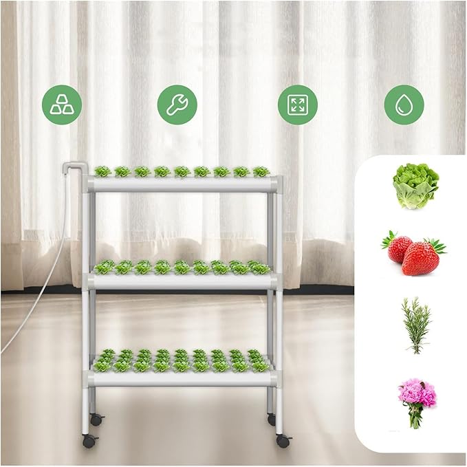 Hydroponic Tower Growing Sytem Planting Sites 3 Layers Horizontal Hydroponic System Grow Kit with 12V Water Pump Garden Plant Vegetable Planting Grow Box Easy to Install and Operate