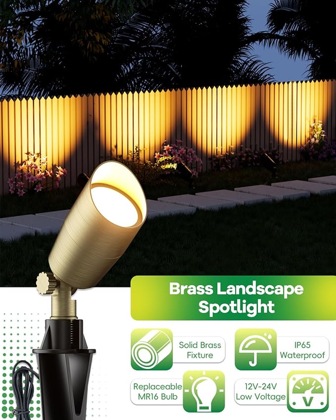 Low Voltage Brass Landscape Light Solid Outdoor Spotlight with Replaceable MR16 LED Bulb 5W 2700K Warm White 12V 24V Landscape Lighting Waterproof Design for Garden Yard