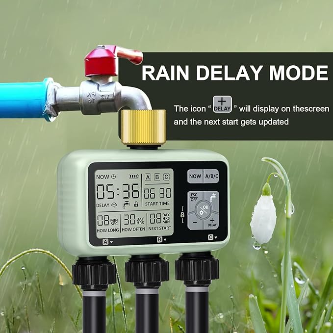 Watering Timer 3 Zone with Brass Inlet Sprinkler Timer Programmable Garden Outdoor Hose Faucet Timers with Rain Delay Auto &amp Manual Watering SystemWater Hose Irrigation Timers 3 Outlet for Gar