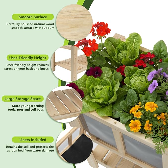 Raised Garden Bed with Legs Large-Capacity Wood Outdoor Elevated Reinforced Planter w/Bed Liner Durable Deep Raised Garden Bed for Gardening/Backyard/Patio/Balconyfor Herbs Flowers Vegetables