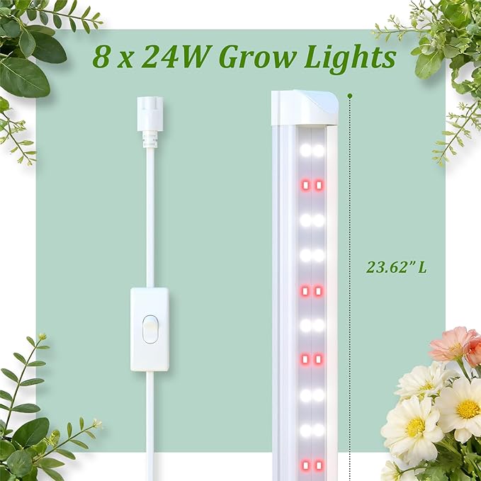Plant Stand with Grow Light 6-Tier DIY Plant Shelf with Grow Lights for Seedlings Greenhouse Indoor 8 Pack 5000K 192W LED Full Spectrum Growing Lamp with Rack Wheel 29x13.5x73.5