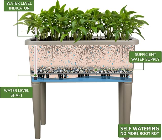 Dexceder 13.2 Gallon Self Watering Raised Garden Bed with Ventilation Transparent Lid Greenhouse Deepen Vegetable Flower Box Planter Pot with Removeble Legs&ampWater Level Indicator (Light Brown)