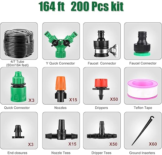 Garden Automatic Irrigation System 164FT 200 Pack Drip Irrigation Kit 1/4 Blank Distribution Tubing Watering Drip Kit Automatic Irrigation Equipment for GardenPatioGreenhouse Flower BedLawn