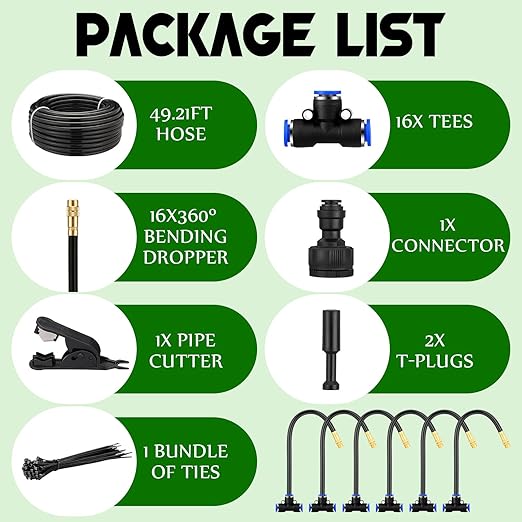 Geelin 49.21ft Garden Drip Irrigation System 360° Adjustable Watering Kit with 16 Nozzles Automatic Irrigation Watering Misting System for Greenhouse Yard Lawn Plant