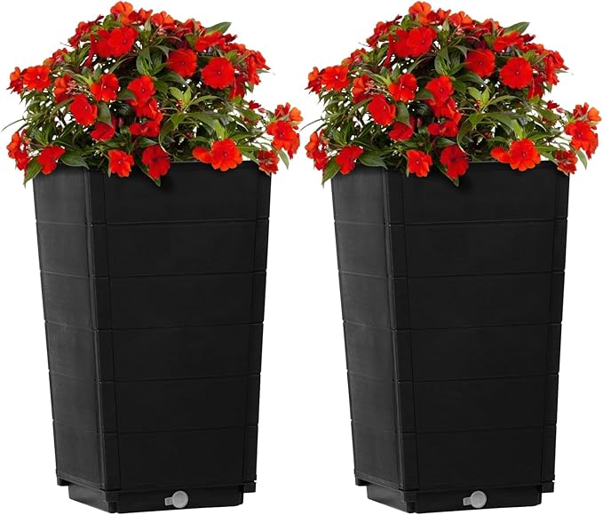 2 Pack Outdoor Garden Flower Standing Planter BoxOutdoor Tall Plastic Planter SetIndoor Outdoor Flower BedVertical Flower Pot Standwith Drainage Holesfor Patio Porch Yard Balcony (Dark Brown)