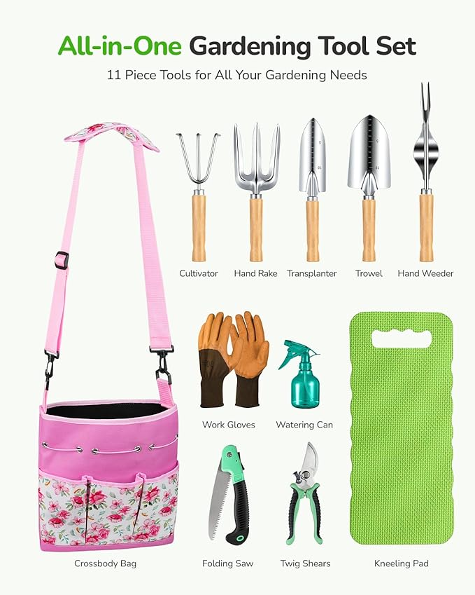 All-in-One Garden Tool Set 11-Piece Heavy Duty Gardening Tools with Ergonomic Canvas Shoulder Crossbody Bag Rust-Proof Premium Garden Tool Kit Gardening Gift for Women Men (Pink)