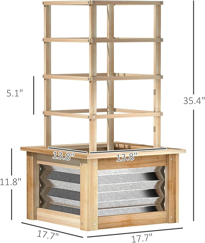 Galvanized Steel Raised Garden Bed with Wooden Trellis Elevated Planter Box with Drainage for Climbing Plants Complete Gardening Solution for Patio &amp Backyard (Natural)