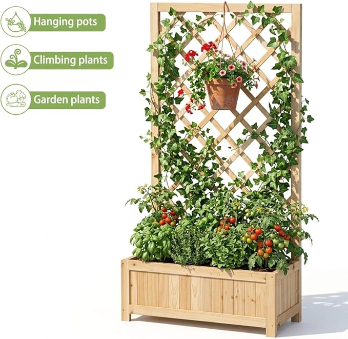 Wooden Raised Garden Bed with Trellis 47 Outdoor Planter Box for Climbing Plants Vertical Natural Wood Garden Planter for Vegetables Flowers &amp Vines Lattice Plant Support for Patio Yard Balco